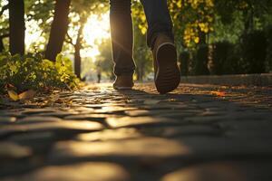 Tourist walking on cobblestone path in park at sunset photo