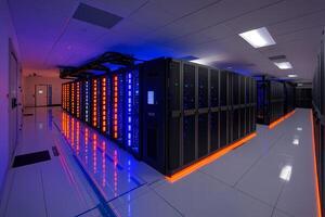Server room with modern hardware and lighting reflecting on the floor photo