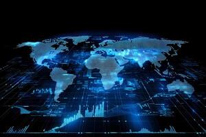 Futuristic world map showing global connectivity and data analysis photo