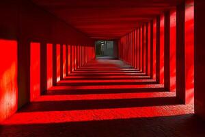 Red tunnel creating long shadows in modern architecture photo