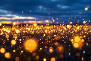 Golden bokeh lights floating over grass at sunset creating magical atmosphere photo