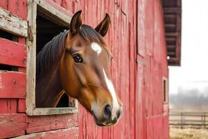 Horse looking out of a red wooden stable window photo