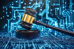 Judge gavel resting on sound block on circuit board depicting cyber law photo