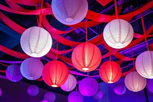 Colorful paper lanterns hanging from red ribbons creating a festive atmosphere photo