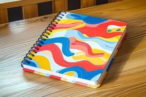 Colorful notebook with abstract design lying on wooden table photo