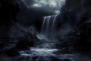 Waterfall cascading into river at night with dramatic sky photo