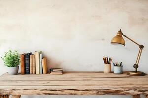 Cozy workspace with books and desk lamp photo