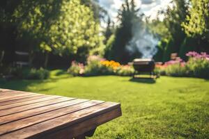 Wooden table in focus with barbecue smoking in the background garden photo
