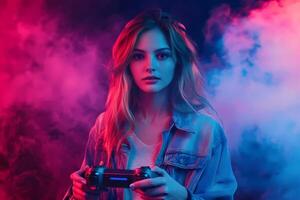Gamer girl playing videogames with controller in neon lights and smoke photo