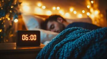 Man sleeping in bed while digital alarm clock shows six o'clock in the morning photo