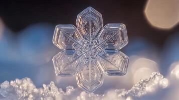 Intricate snowflake resting on snow with bokeh background photo