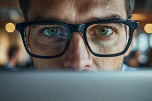Focused businessman working late using laptop computer in dark office photo