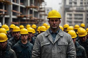 Foreman leading construction workers in the rain at construction site photo