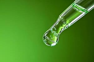 Pipette dropping green liquid on green background photo