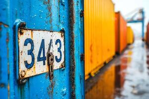 Rusty blue shipping container with number 343 and padlock in a port terminal photo