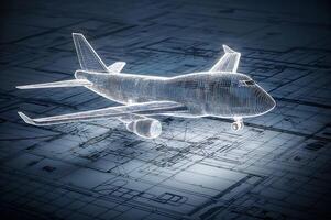 Wireframe airplane model hovering over blueprint design photo