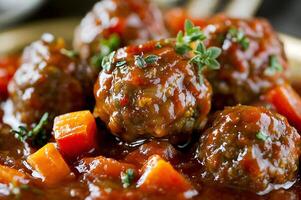 Delicious meatballs with tomato sauce and thyme resting in pan photo