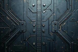 Futuristic metallic surface showing intricate circuitry and rivets photo