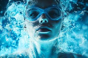 Swimmer woman wearing goggles underwater with splashing water around her face photo