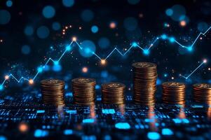 Stacks of coins representing increasing profit in a futuristic digital environment photo