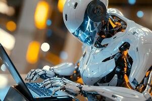 Futuristic robot working on laptop in high tech environment photo