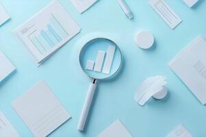 Analyzing data trends with magnifying glass on blue background photo