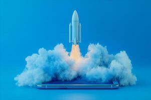 Rocket launching from smartphone screen with smoke and blue background photo