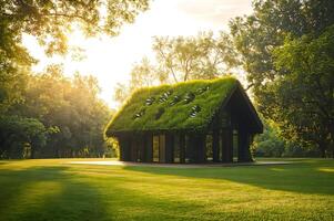 Modern green building with grass roof in sustainable eco friendly environment photo