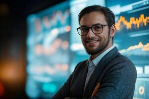 Financial analyst smiling with charts displayed on screens in background photo