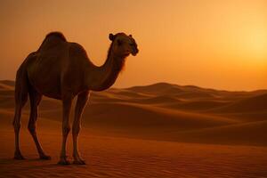 Desert Camel at Sunset Majestic Dune Scene in Golden Light photo