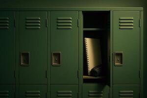 a locker with a notebook and a pencil inside photo