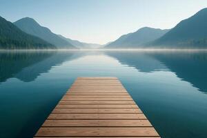 Peaceful Lake Pier with Mountain View and Crystal Reflections scene photo