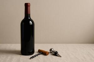 Elegant Red Wine Bottle with Corkscrew and Stopper on Neutral Table photo