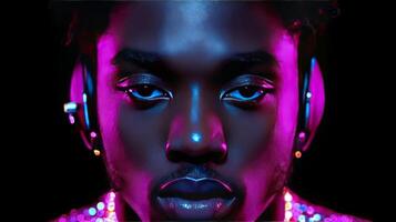 A man with neon lights on his face photo