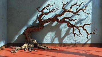 A tree with no leaves on it in a room photo