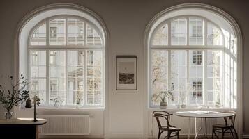 A room with two windows and a table photo