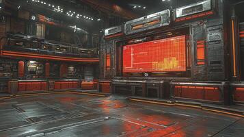 A futuristic room with red lighting and a large screen photo