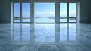 A large room with a view of a lake and water photo