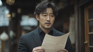A man in a suit holding a piece of paper photo