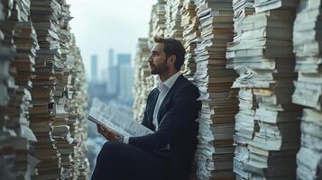 A man in a suit sitting in a pile of papers photo