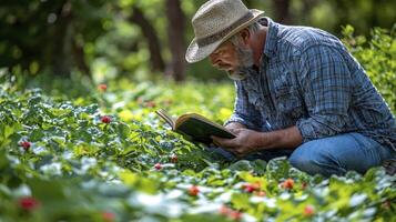 A man in a hat reading a book in a field photo
