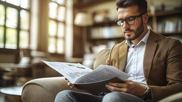 A man in glasses is reading a magazine while sitting on a couch photo