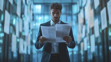 A man in a suit is reading a document photo