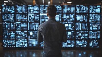 A man standing in front of a large screen with many different images photo