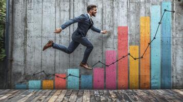 A man in a suit is running up a bar chart photo