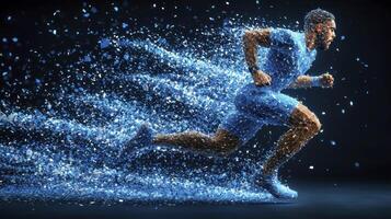 A man running in blue with water splashing around him photo