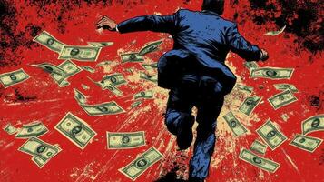 A man in a suit running away from money photo