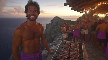 A man standing in front of a grill with meat on it photo
