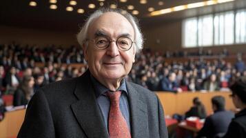 An older man in glasses and a red tie standing in front of a large crowd photo