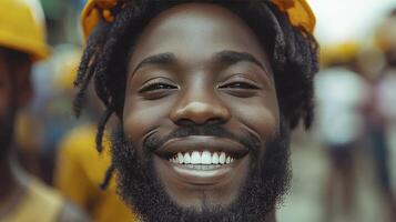 A smiling black man with a beard and a yellow hard hat photo